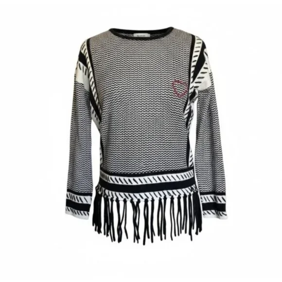 Iphoria 100% Cashmere Fringe Sweater XS Black White Graphic Heart Boho Luxe Art - Picture 2 of 16